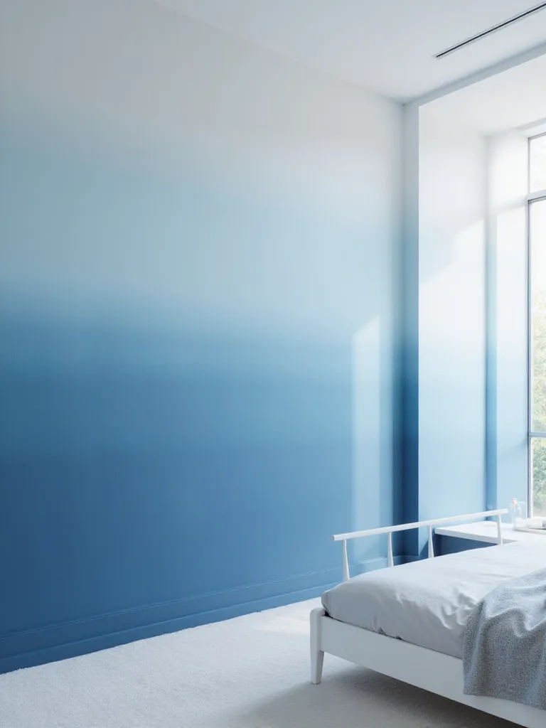 Blue ombre wall paint technique creating depth and dimension in a bedroom.