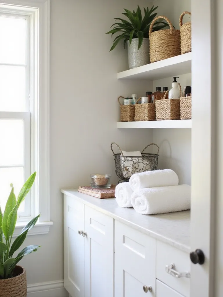 Bathroom shelves and countertop organized with decorative woven and wire baskets holding rolled towels, toiletries, and other essentials.