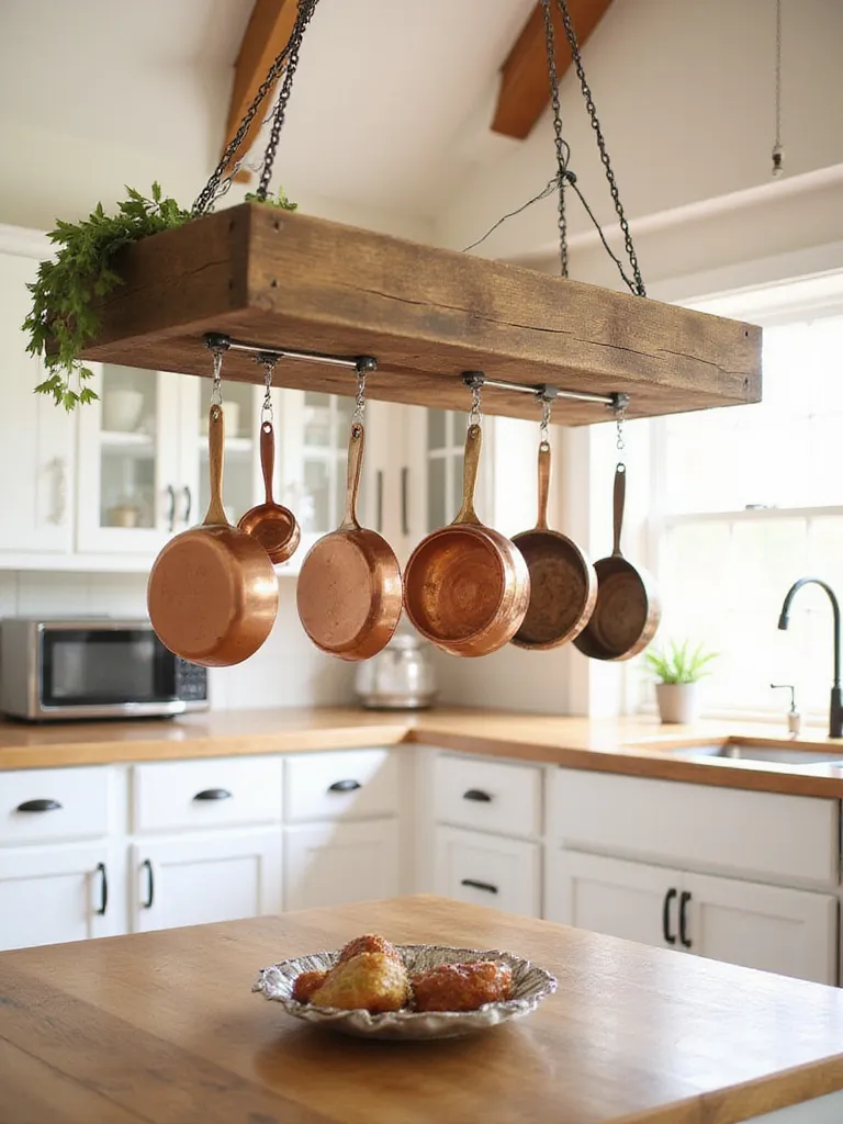 Rustic pot rack made from reclaimed wood with copper pots and pans hanging in a farmhouse kitchen.