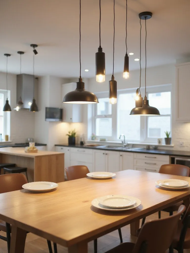 Modern kitchen dining area with a wooden table illuminated by adjustable height pendant lights hanging at varying levels.