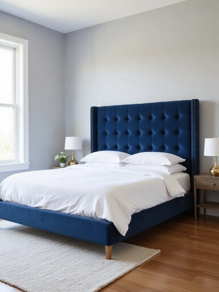 Velvet navy blue tufted headboard in a modern bedroom.