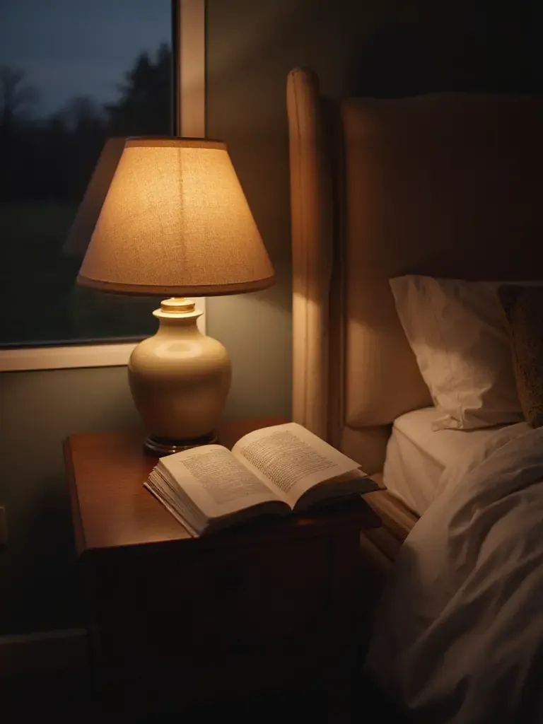 Stylish bedside lamp illuminating an open book on a nightstand in a cozy bedroom.