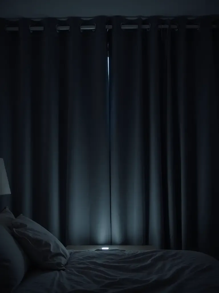 Bedroom with dark gray blackout curtains blocking all external light, creating a dark and restful sleep environment.