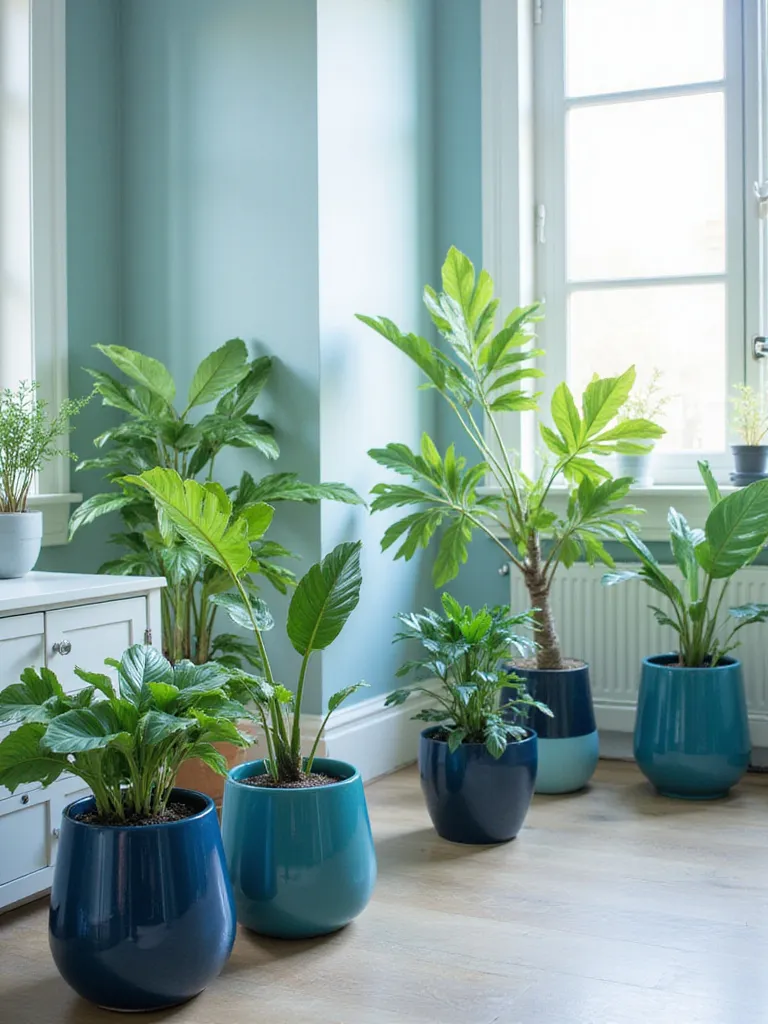 Blue bedroom with lush green plants in stylish blue ceramic pots.