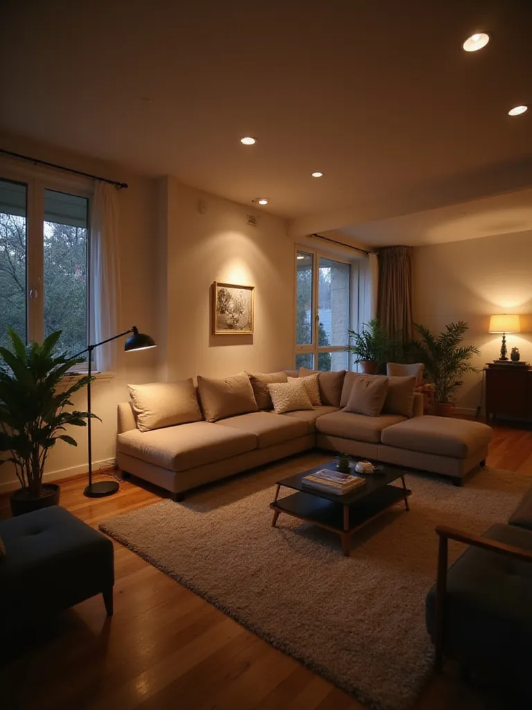 Living room with layered lighting, showcasing different color temperatures and lumen outputs from various light sources.