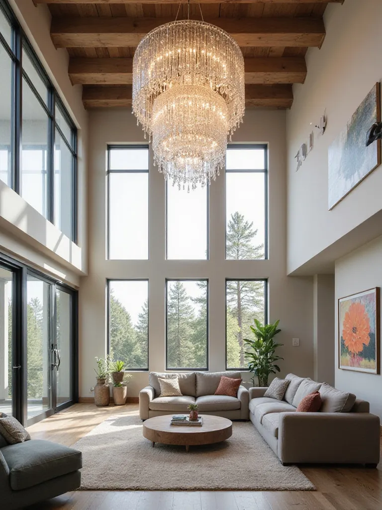 Elegant living room with a crystal chandelier as the focal point.