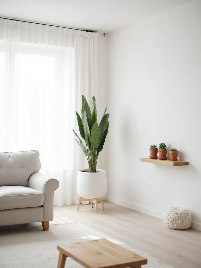 Minimalist living room with strategically placed plants adding life and color.