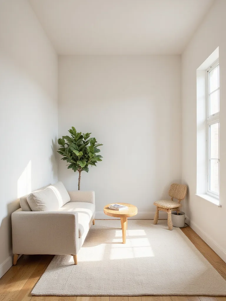 Minimalist living room with timeless design elements, featuring neutral colors, natural materials, and clean lines.