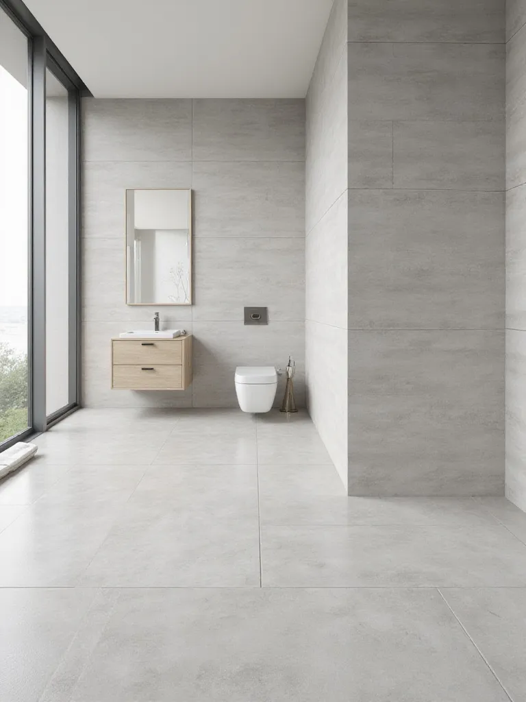 Minimalist bathroom with large format grey tiles on walls and floor, showcasing a simple, cohesive tile design.
