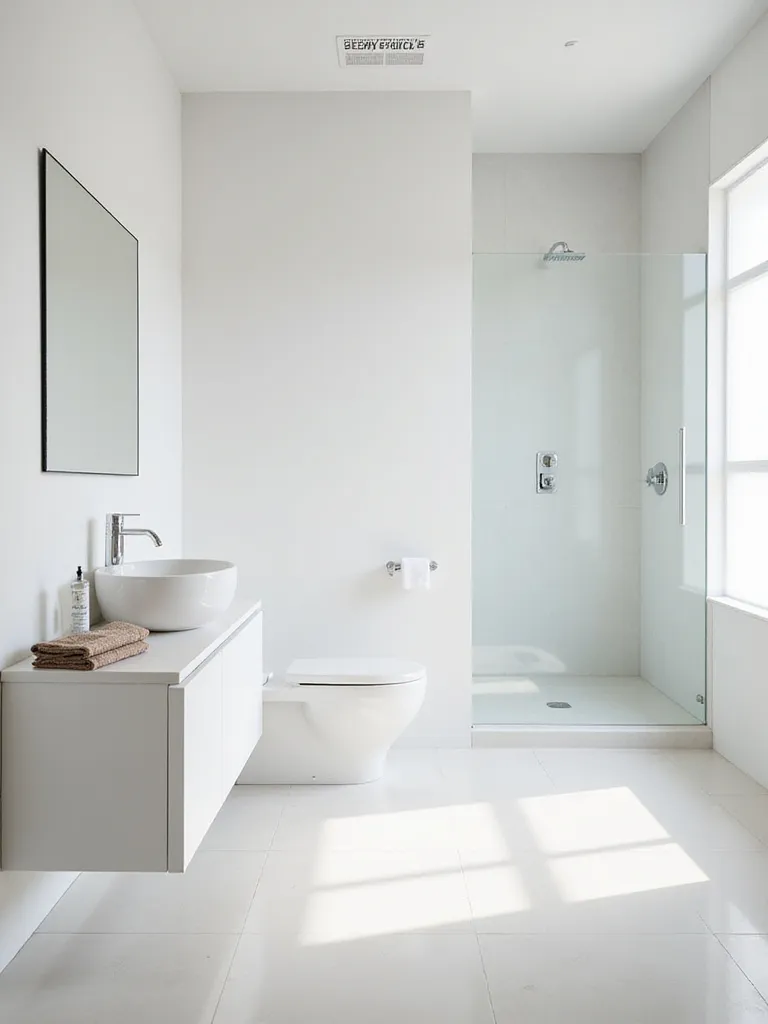 Wide view of a sparkling clean minimalist bathroom with bright natural light, showcasing uncluttered surfaces and a sense of calm.