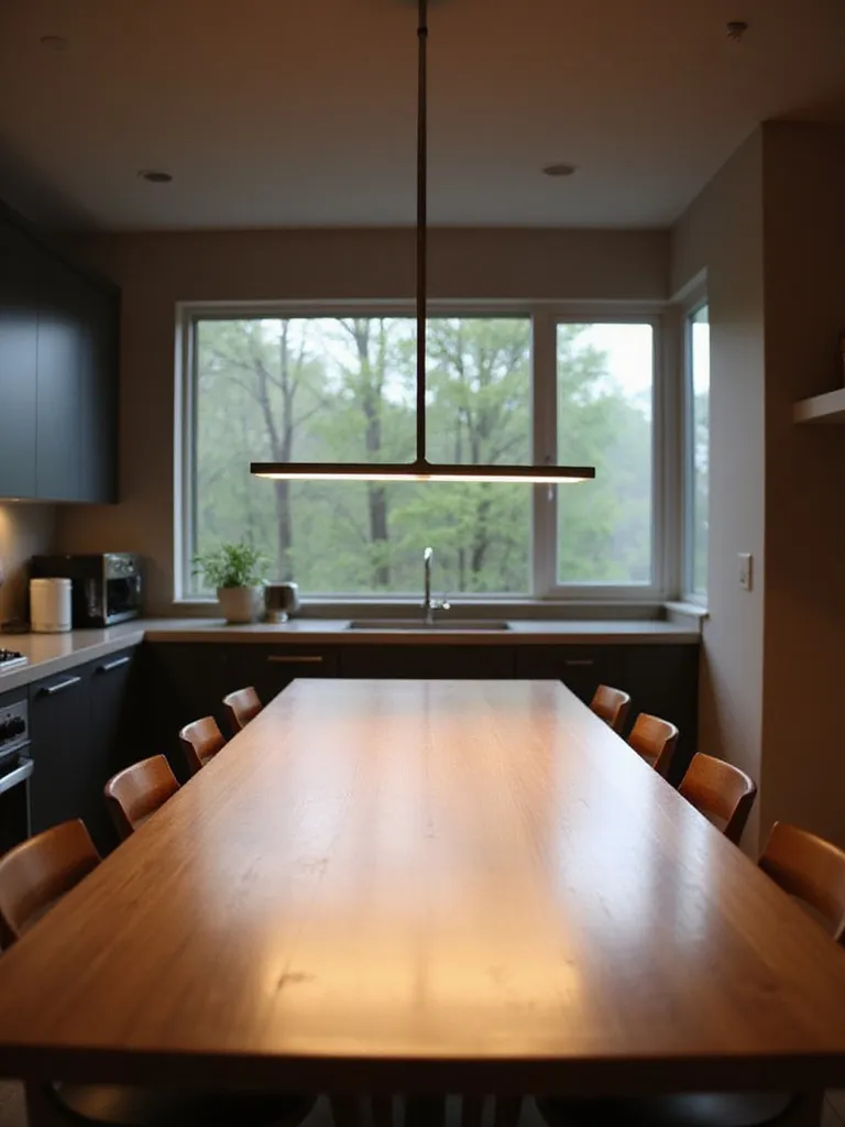 Sleek linear pendant light fixture installed above a long rectangular kitchen table, demonstrating how lighting shape can complement table shape for balanced illumination.