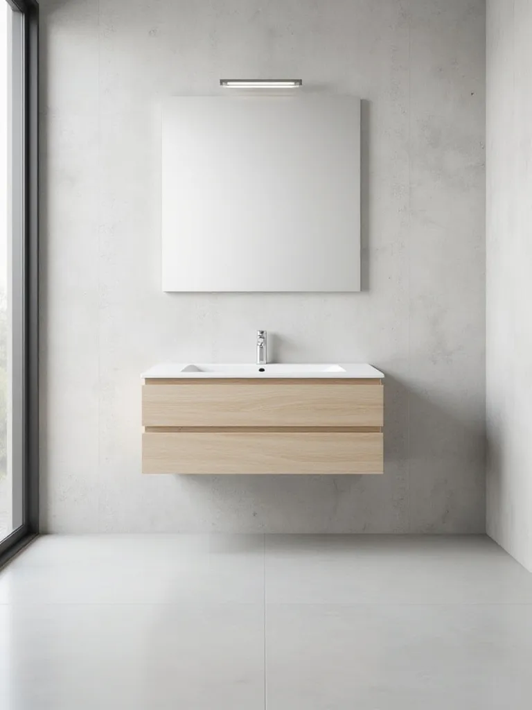 A minimalist bathroom featuring a light wood floating vanity with a white countertop, mounted against a textured wall, showcasing the open floor space underneath.