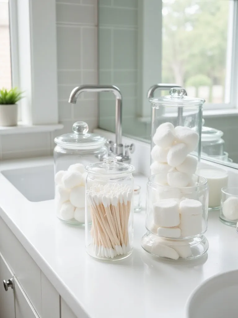 Clear glass jars and acrylic containers filled with cotton balls and Q-tips neatly organized on a bright bathroom counter.