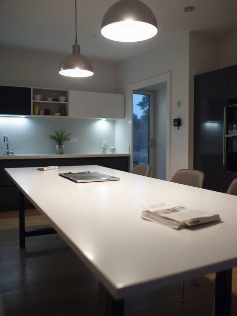 Modern kitchen table illuminated by bright cool white LED pendant lights overhead, designed for task focus and reading.