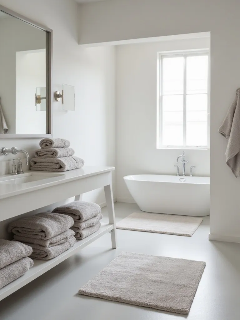 Neatly folded grey towels and a coordinating grey bath mat in a bright, minimalist bathroom, showcasing a cohesive linen arrangement.