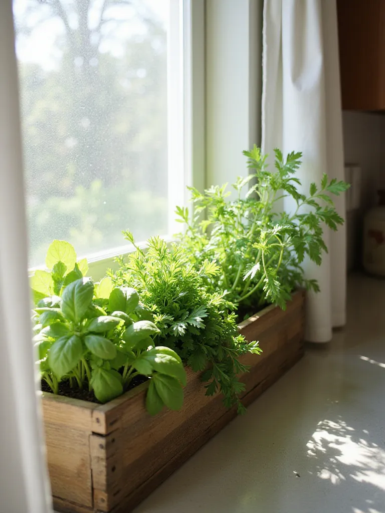 DIY herb window box overflowing with fresh herbs in a sunlit kitchen window.