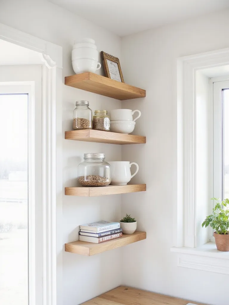 Kitchen with light wood open shelving displaying dishes, jars, herbs, and cookbooks.