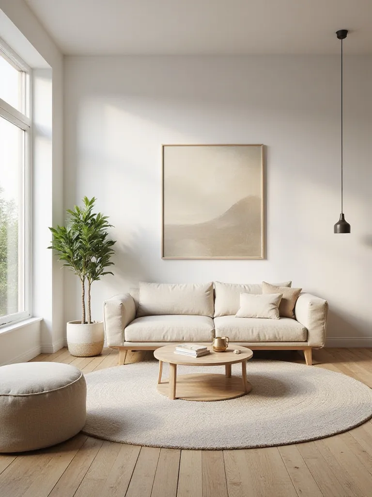 Serene minimalist living room with consistent color palette and simple furniture.