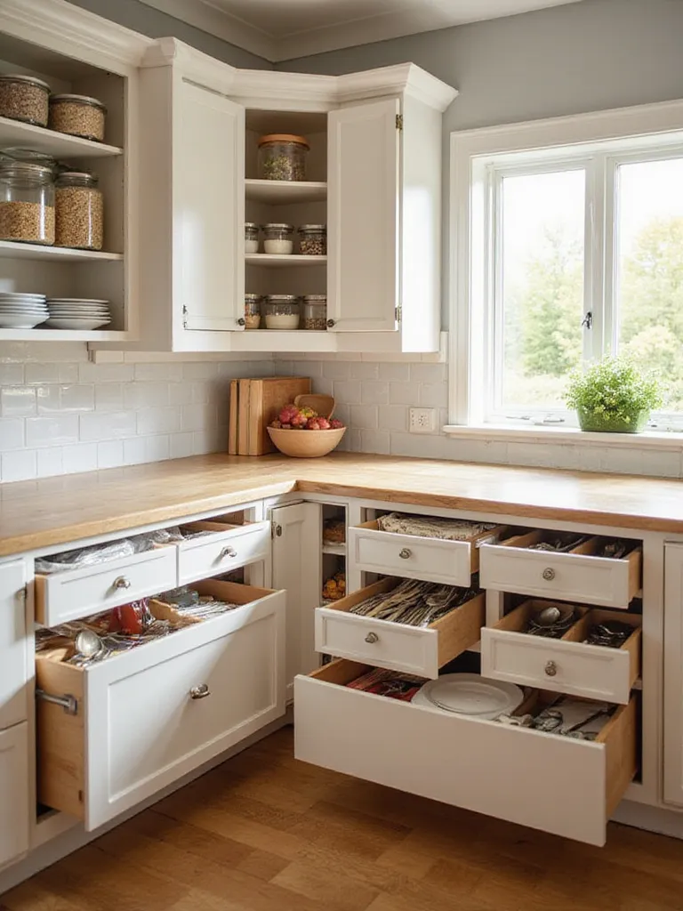 Organized kitchen drawers and cabinets with dividers, clear containers, and tiered racks.