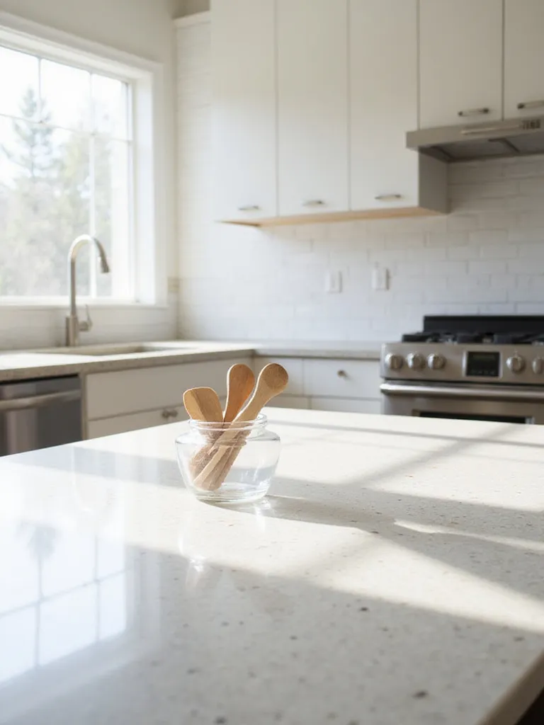 Clean, minimalist kitchen countertops with wooden spoons in a glass jar.