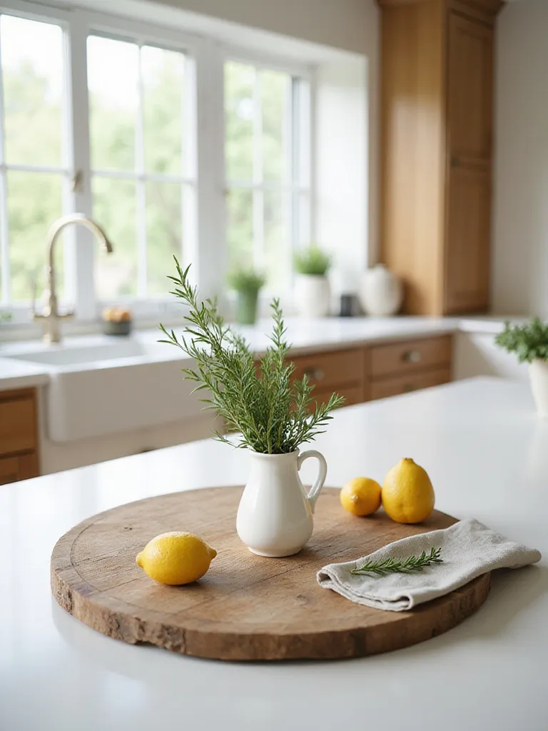 Budget-friendly kitchen centerpiece featuring a wooden cutting board, vase of herbs, and lemons.