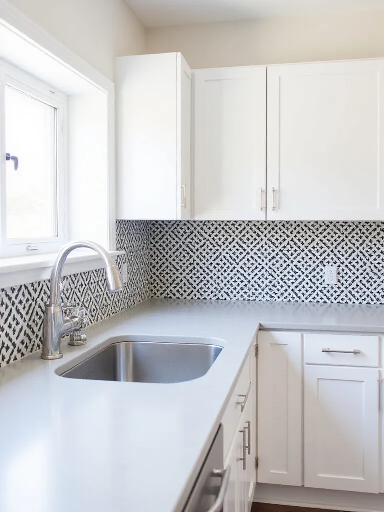 Kitchen with geometric patterned vinyl wall decal backsplash