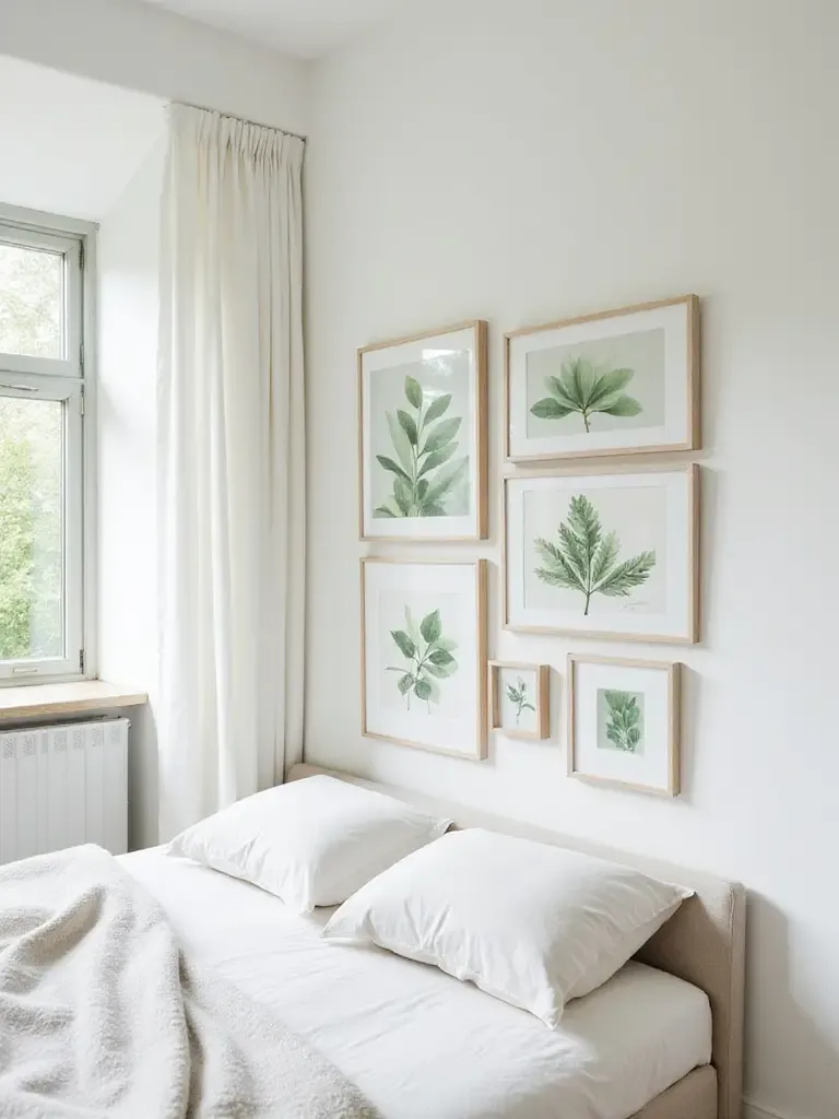 Bedroom with a gallery wall of botanical prints above the bed