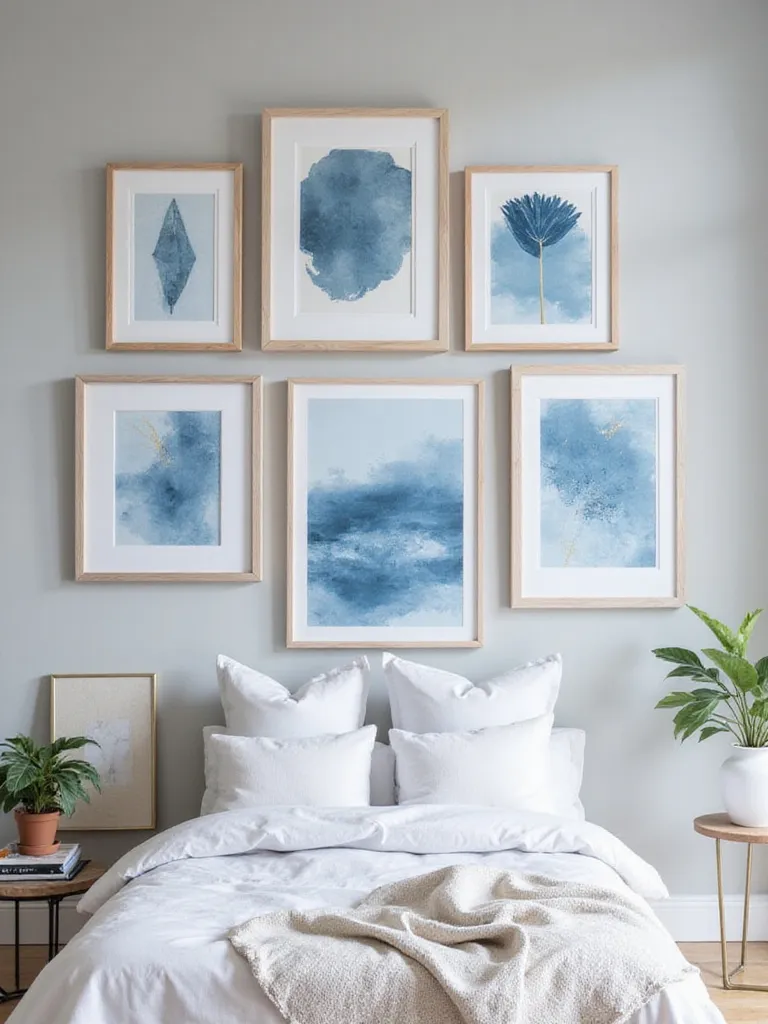 Blue abstract art gallery wall above bed in modern bedroom