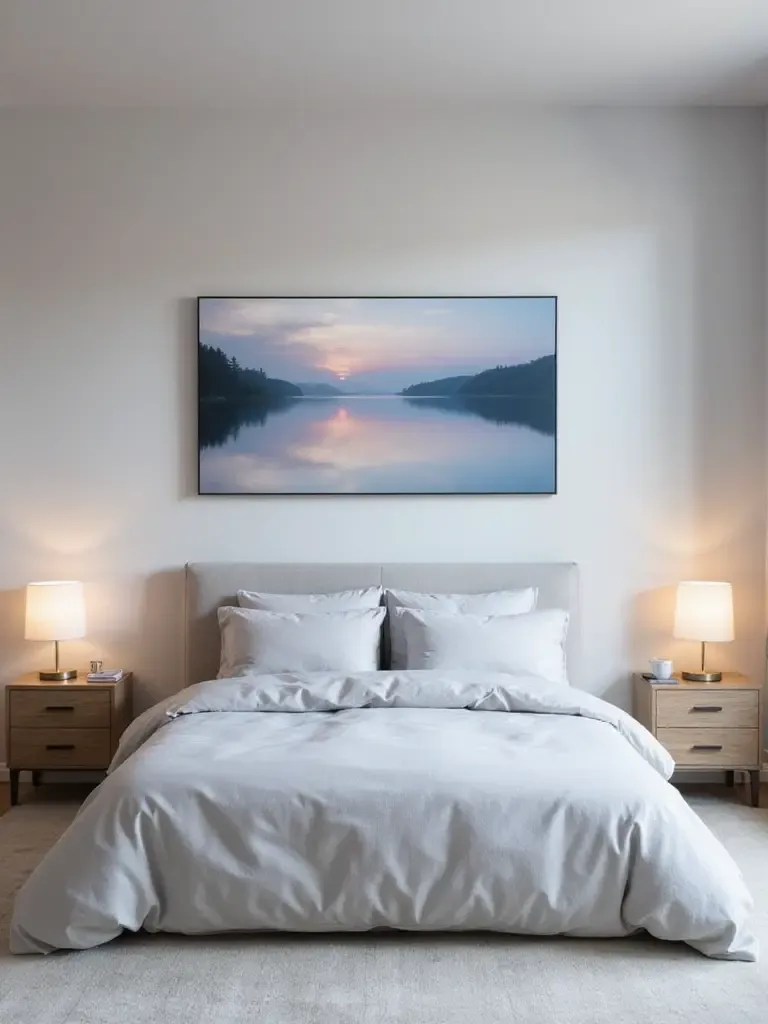 Serene bedroom with a large landscape painting of a lake at sunrise creating a relaxing ambiance.