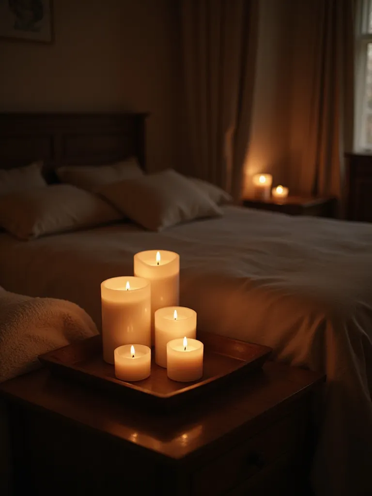 Bedroom lit by the warm glow of candles on a nightstand.