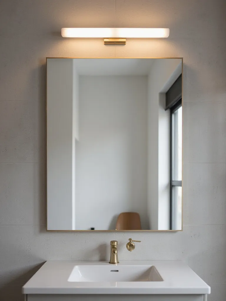 Modern bathroom with dimmable LED light bar above mirror, creating a warm and inviting ambiance.