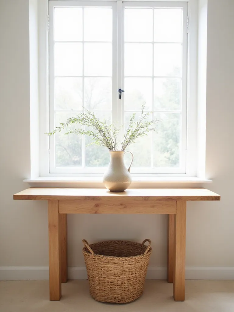 Minimalist living room console table with curated ceramic vase and greenery.