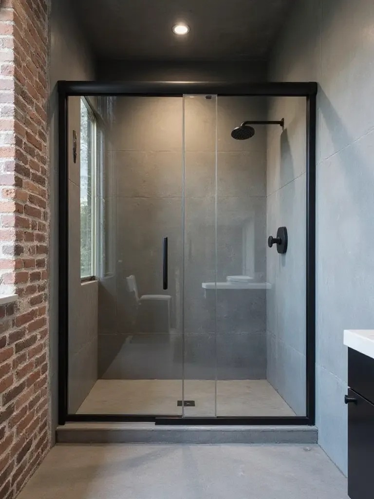 Industrial bathroom with a sleek black framed shower enclosure