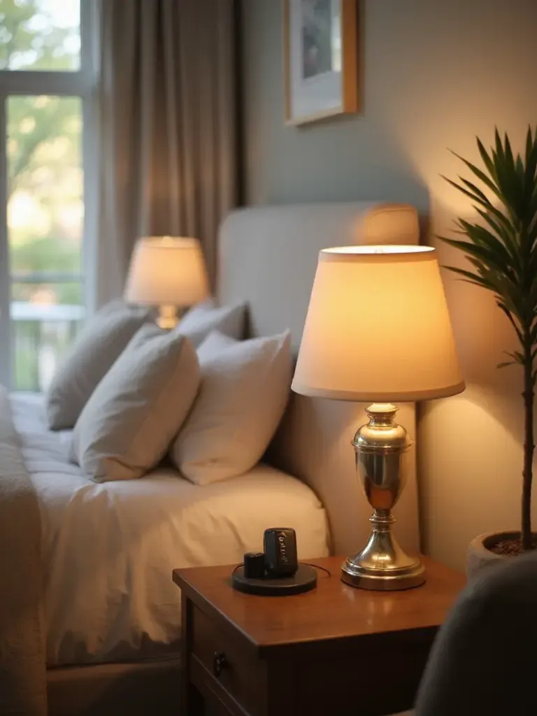 Bedroom with dimmable bedside lamp creating a relaxing atmosphere