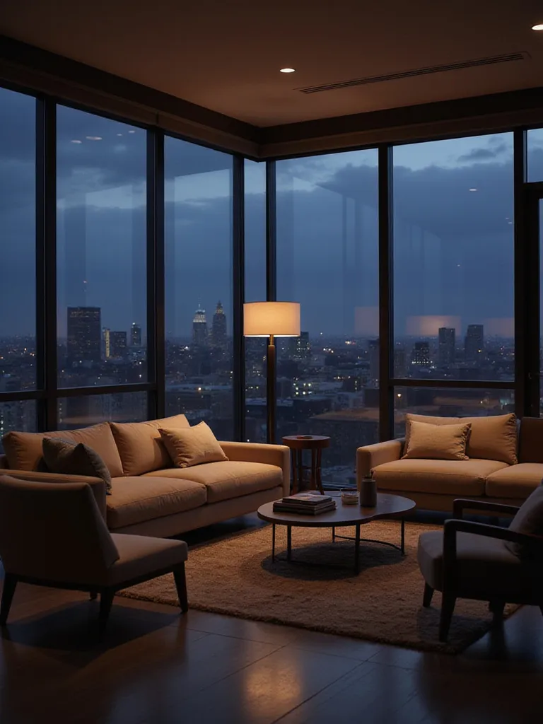 Living room with dimmed lighting creating a relaxing atmosphere at dusk