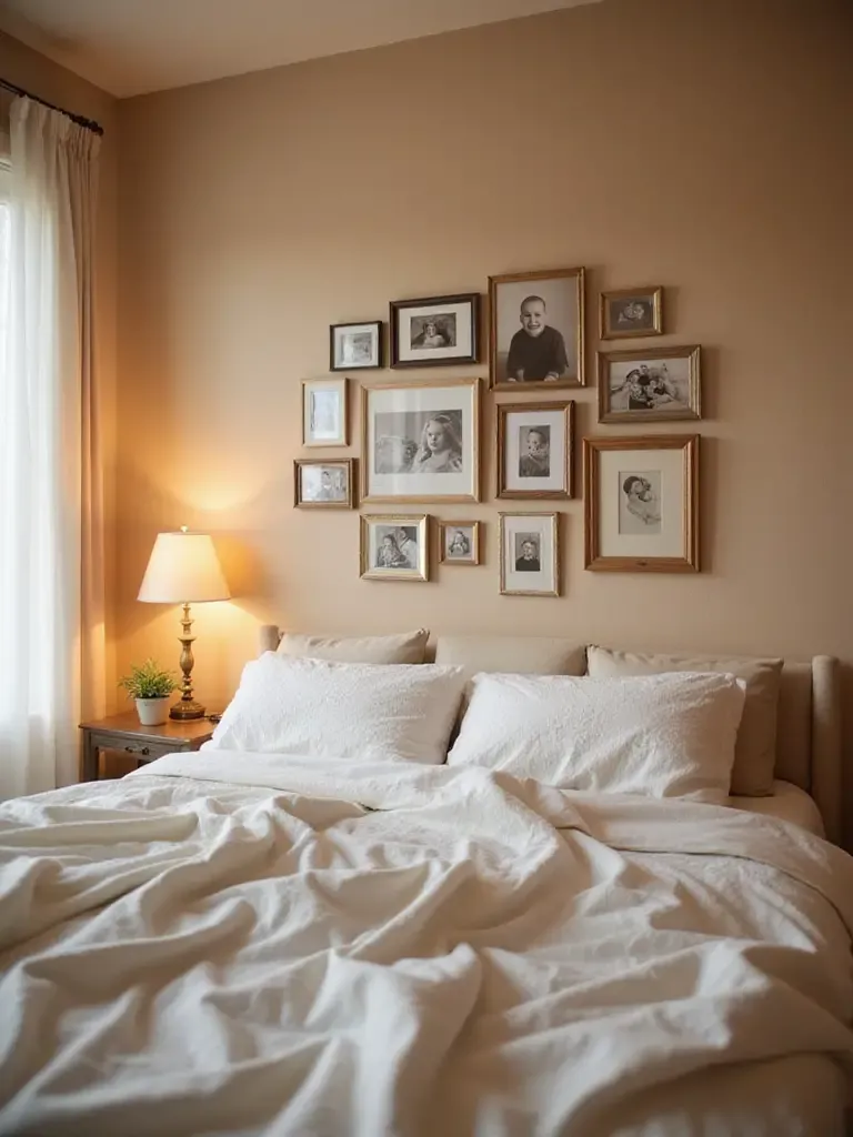 Bedroom with a gallery-style family photo wall above the bed.