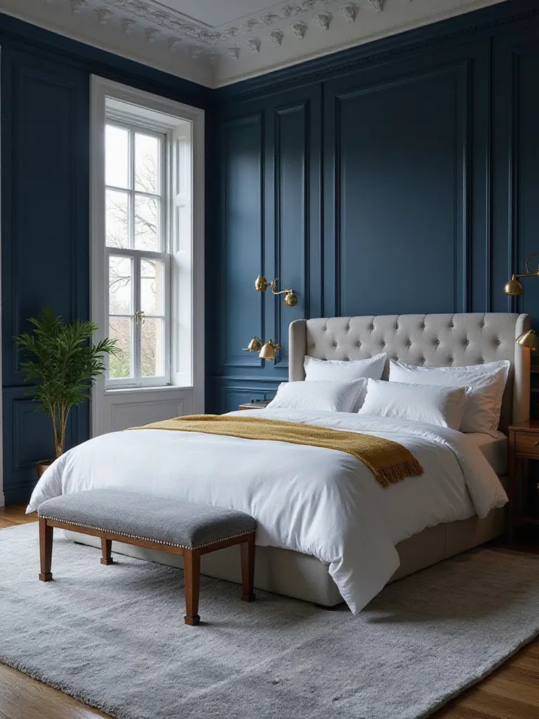 Navy blue bedroom with white linen bedding and gold accents
