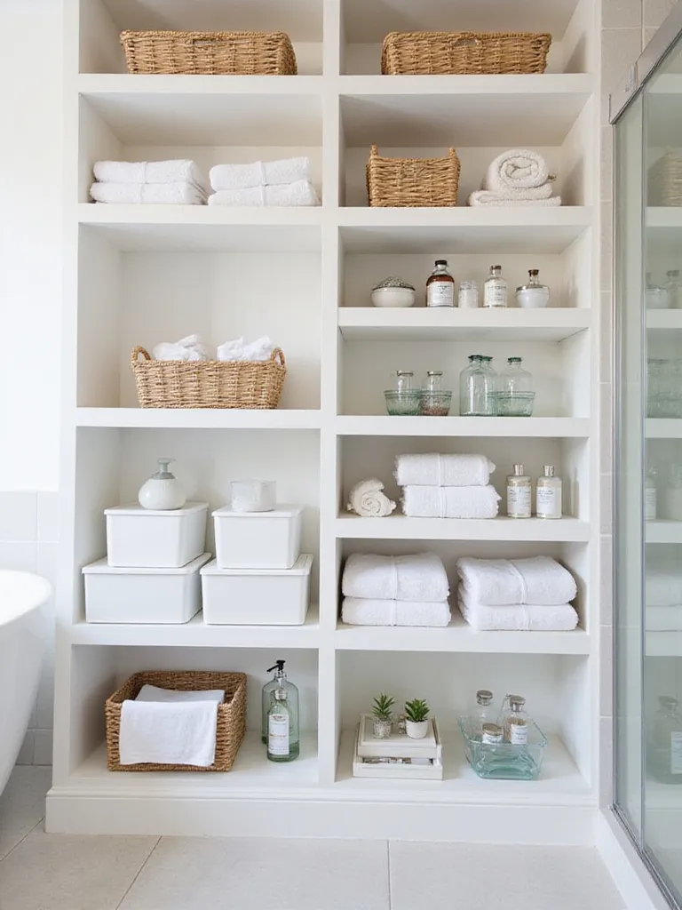 Open bathroom shelves organized with woven baskets, white bins, and clear trays holding towels and toiletries.