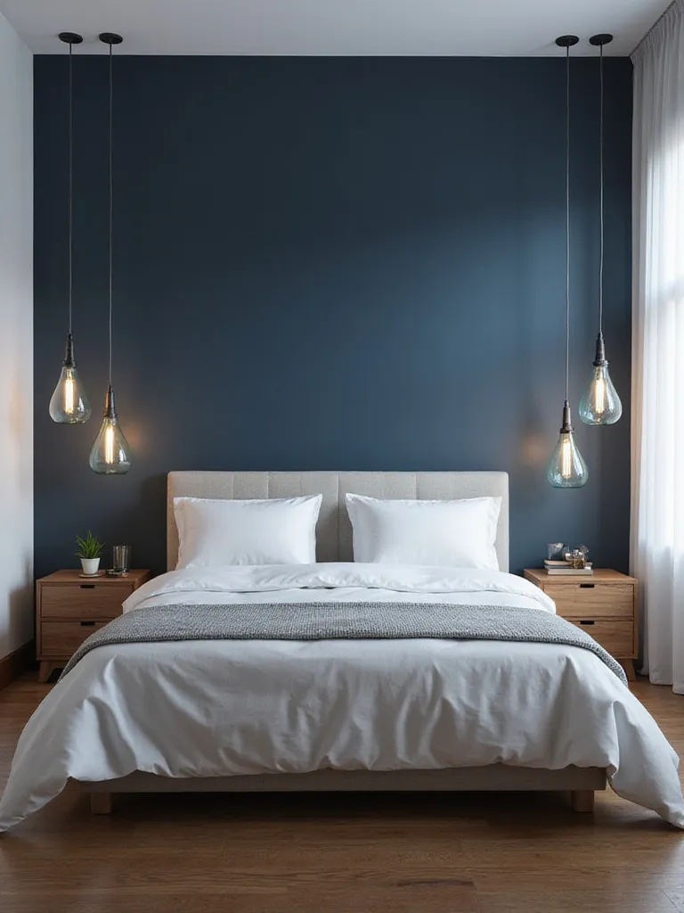 Blue glass pendant lamps hanging above nightstands in a modern blue and white bedroom.