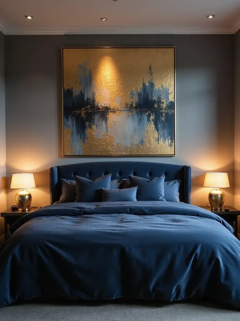 Glam bedroom with gold foil abstract art above the bed