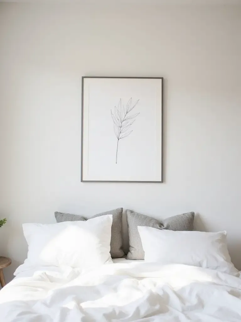 Minimalist bedroom with a framed botanical line art print above the bed.