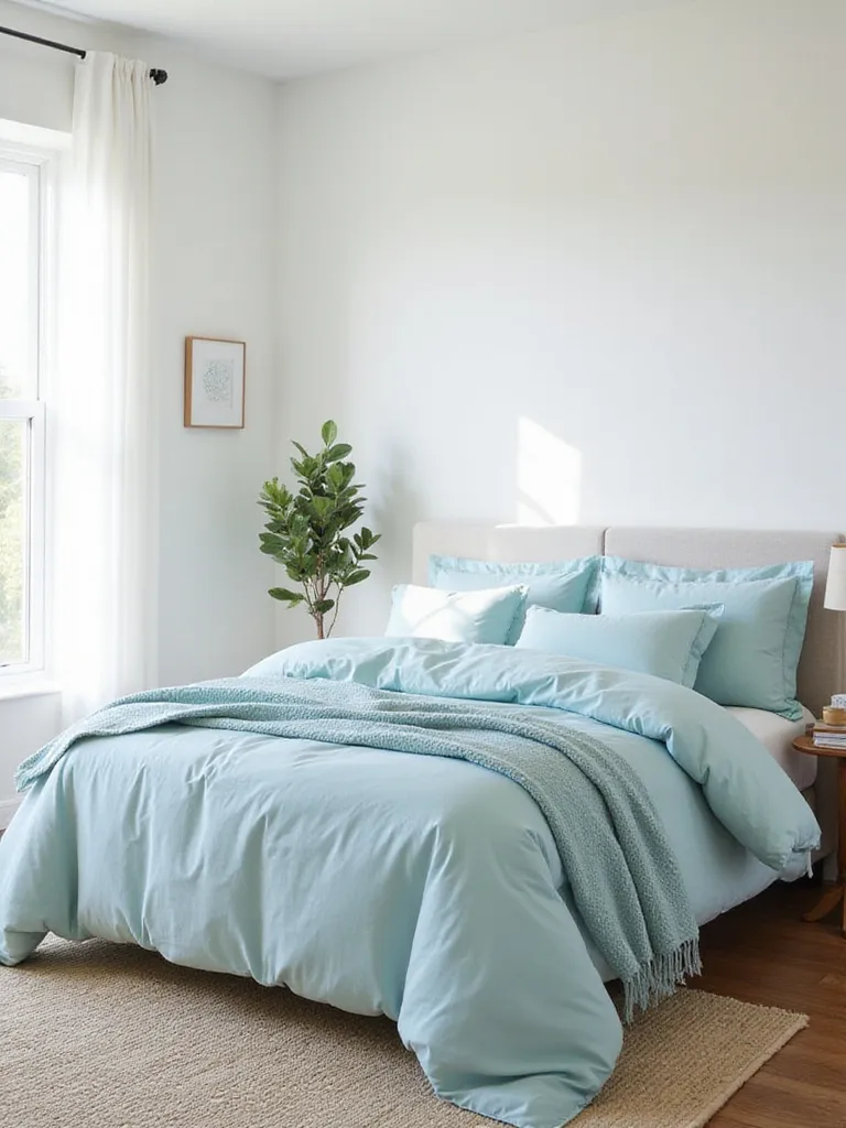 Light blue pastel bedding set creating a serene bedroom atmosphere