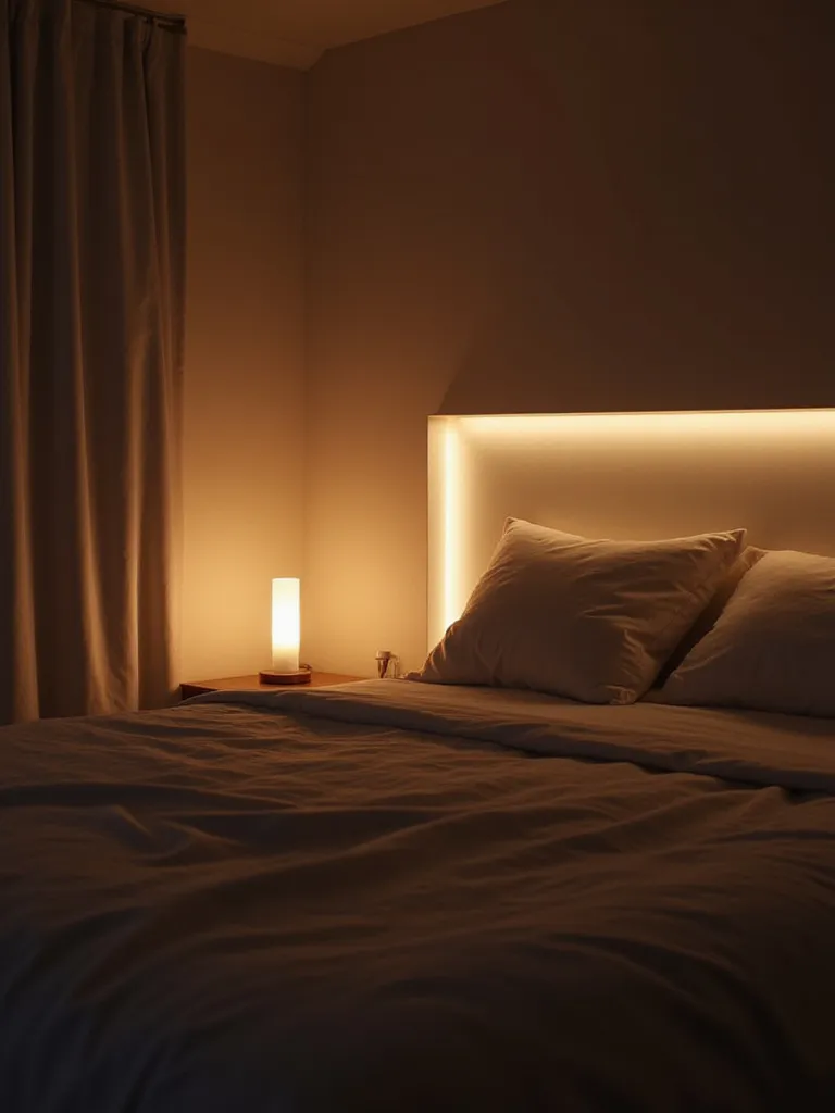 Modern bedroom with smart lighting, creating a relaxing and warm ambiance
