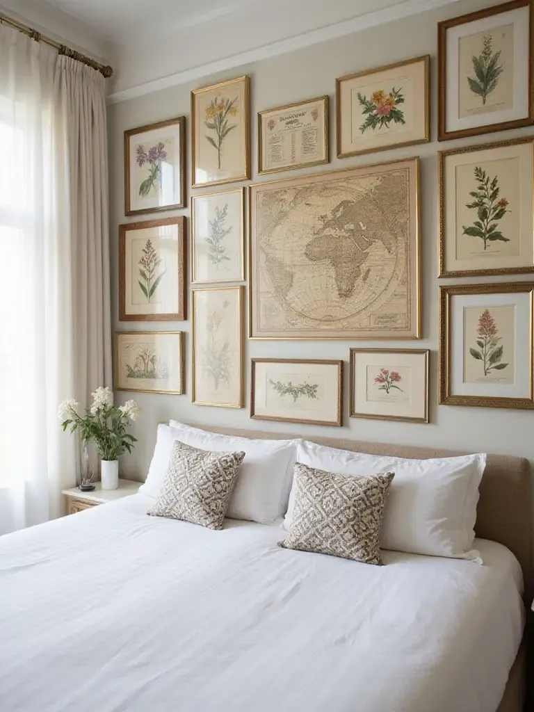 Bedroom wall decorated with framed antique maps and botanical illustrations