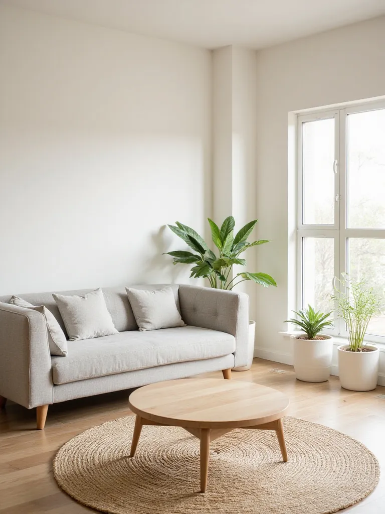 Serene minimalistic living room with a neutral color palette featuring a light gray sofa, jute rug, and off-white walls.
