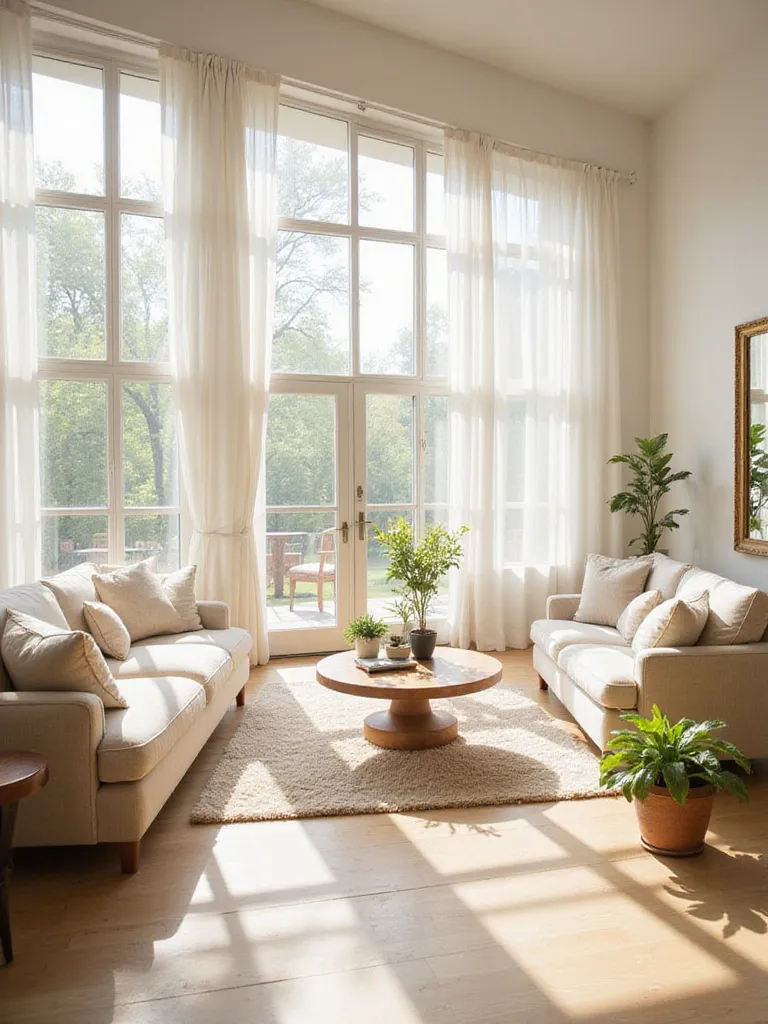 Bright and airy living room with large windows and sheer curtains maximizing natural light.