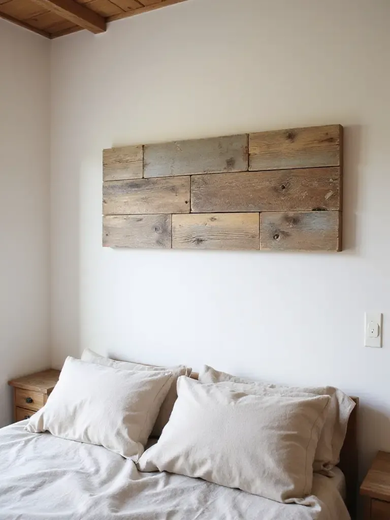 Rustic bedroom with reclaimed wood wall art above the bed