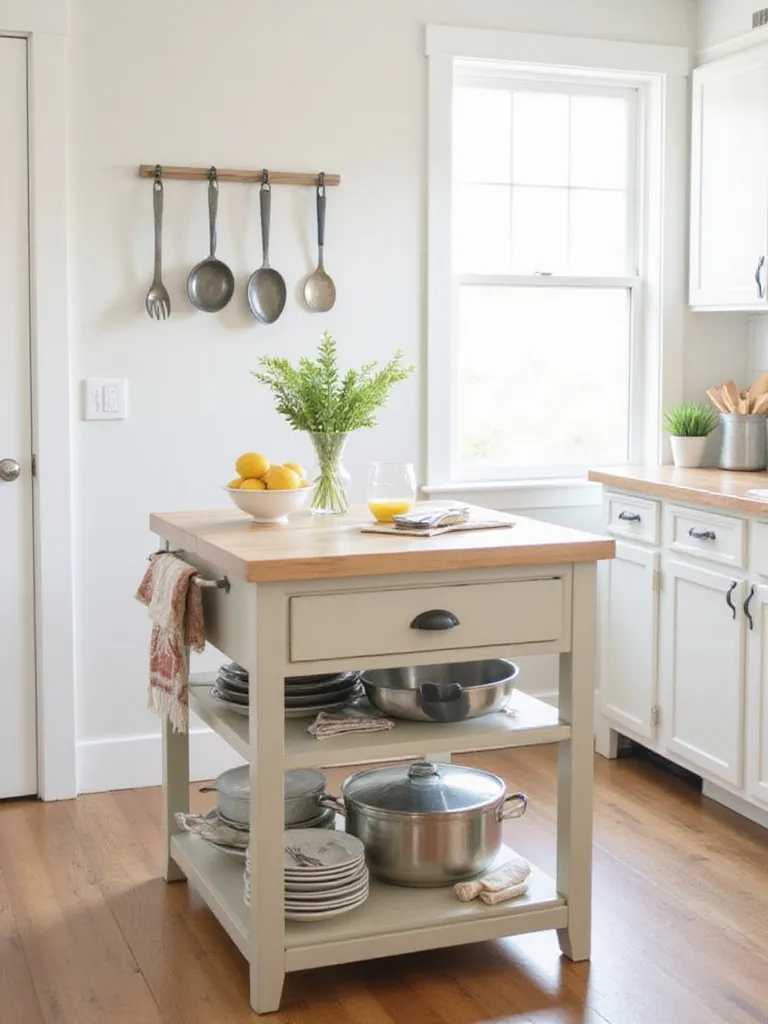 Budget-friendly kitchen island with butcher block top providing extra prep space