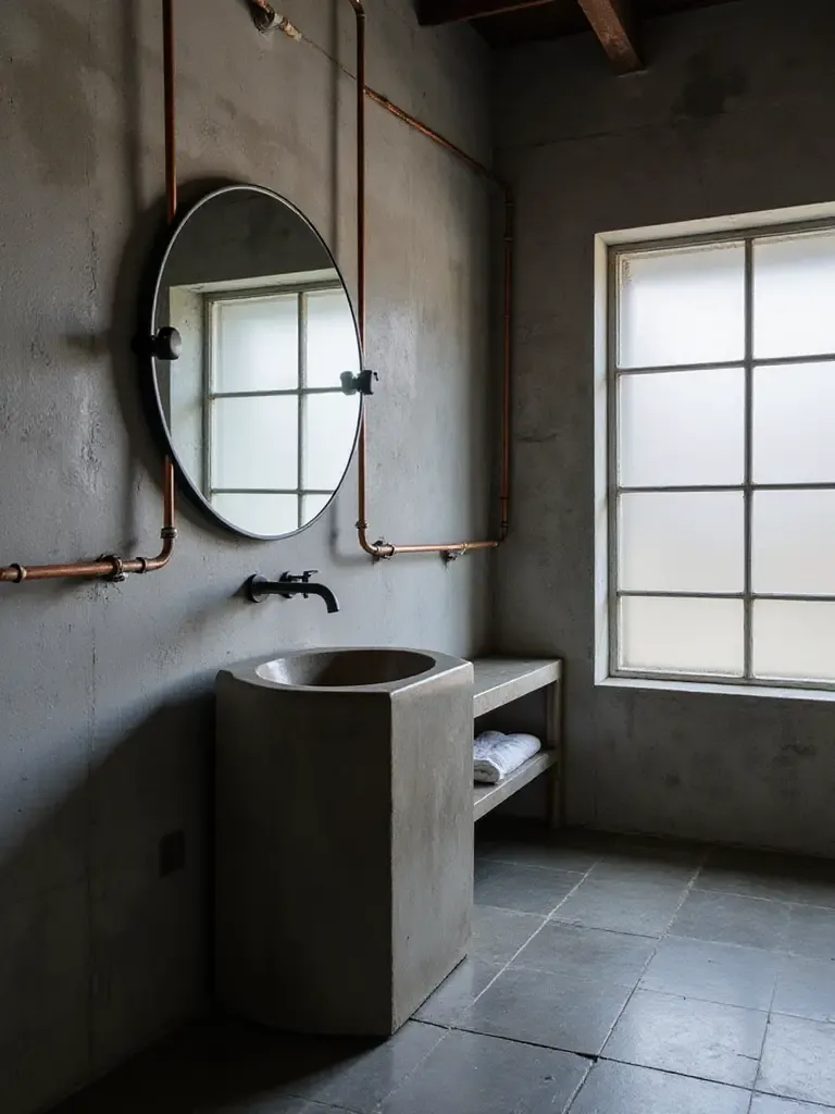 Industrial bathroom design featuring exposed copper pipes