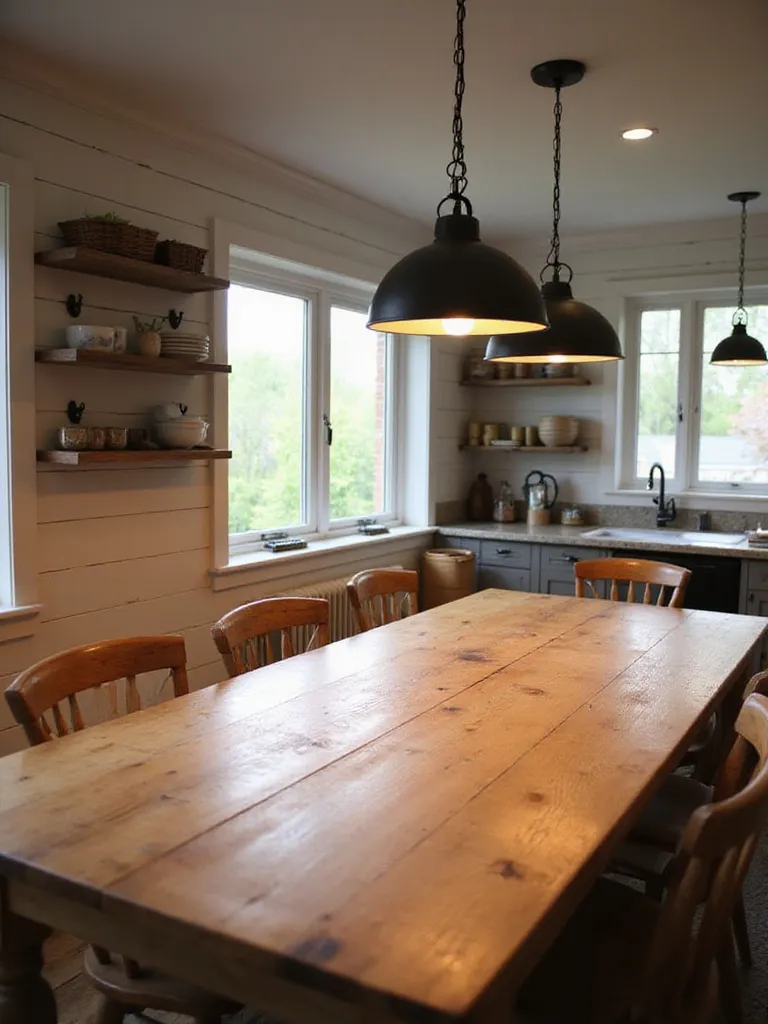 Rustic country kitchen dining area with a wood table illuminated by dark metal farmhouse pendant lights hanging overhead.